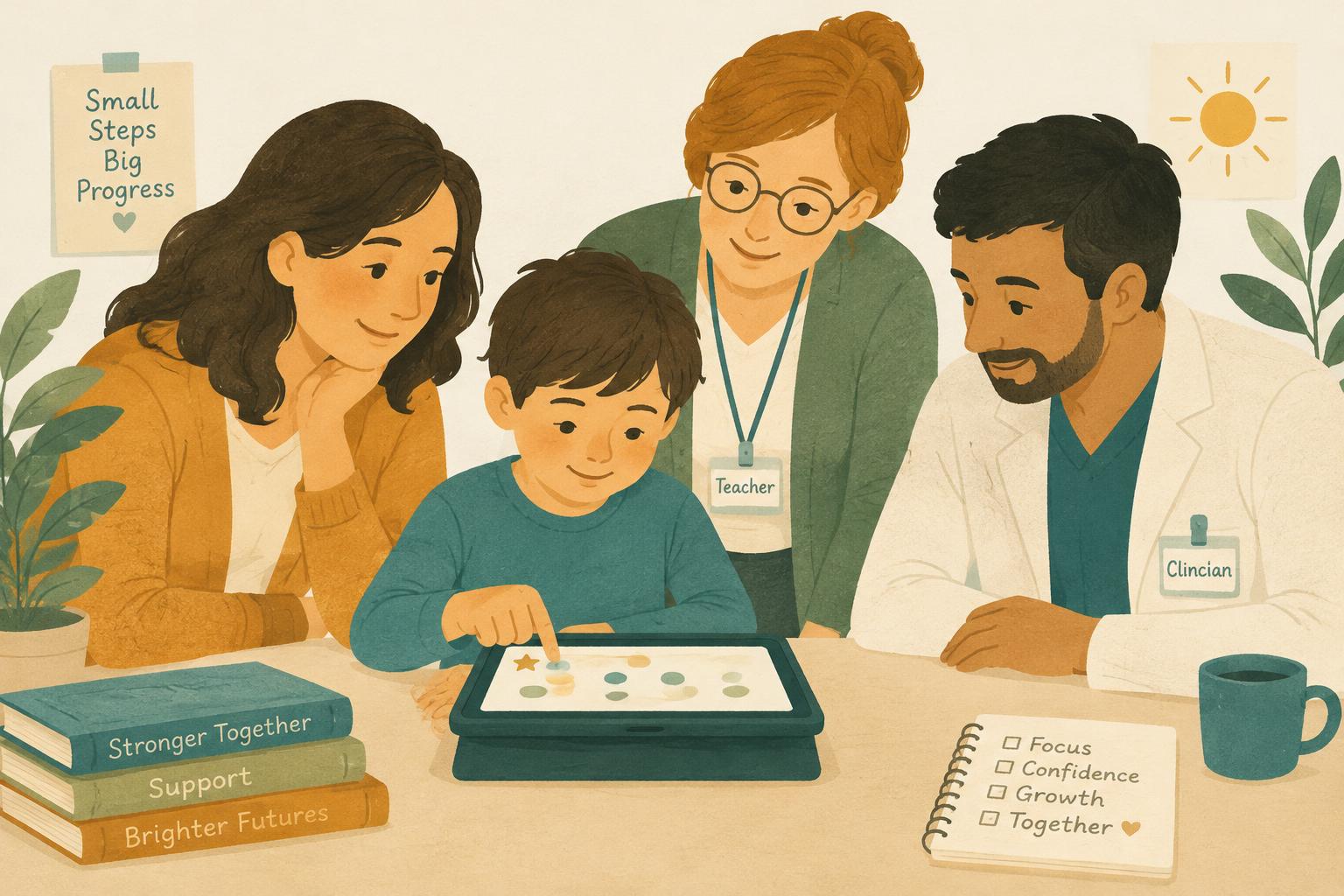 A parent, teacher and clinician with a child playing a focus game